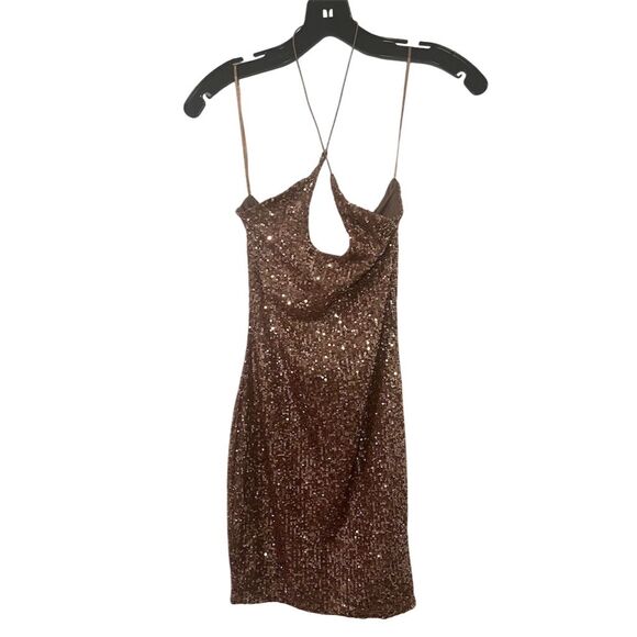 NWT Fashion Nova Out Til Dawn Sequin Mini Dress Mocha - Picture 6 of 10